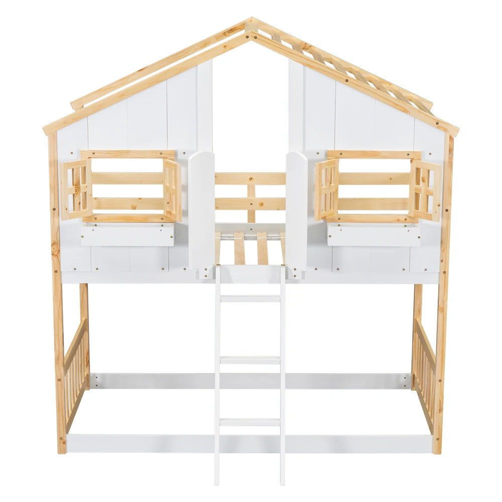 Twin over Twin House Bunk Bed with Roof , Window, Window  Box, Door , with Safety Guardrails and Ladder, Natural/White
