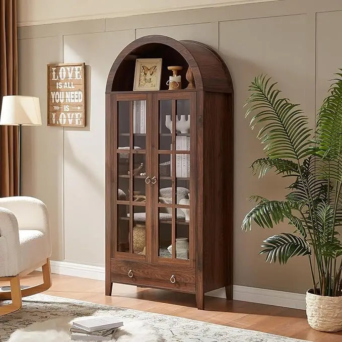 71" Arched Bookcase (5-Tier) - Farmhouse Style w/ Glass Doors, for Living Room/Office/Kitchen