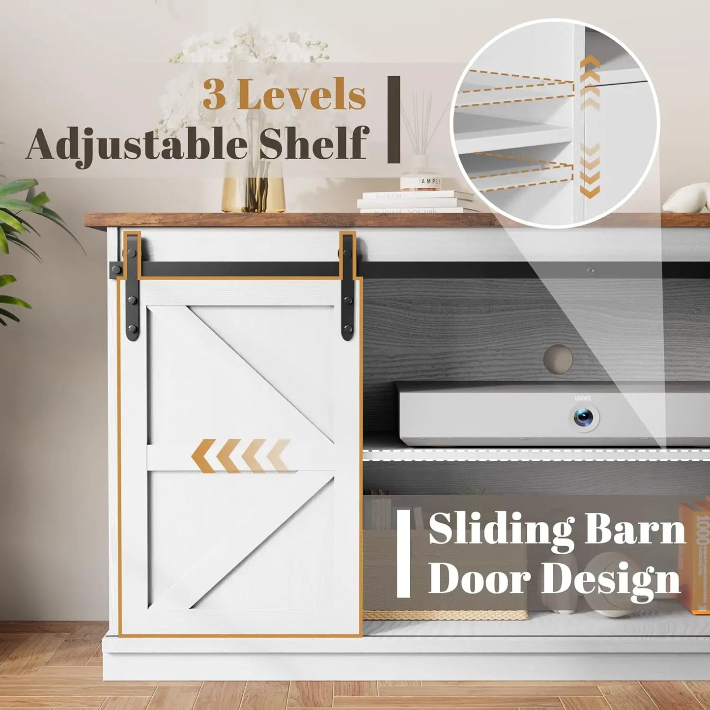 TV Stand for Televisions up to 65 Inchs, with Sliding Barn Doors and 4 Storage Drawers, Console Table and Media Furniture