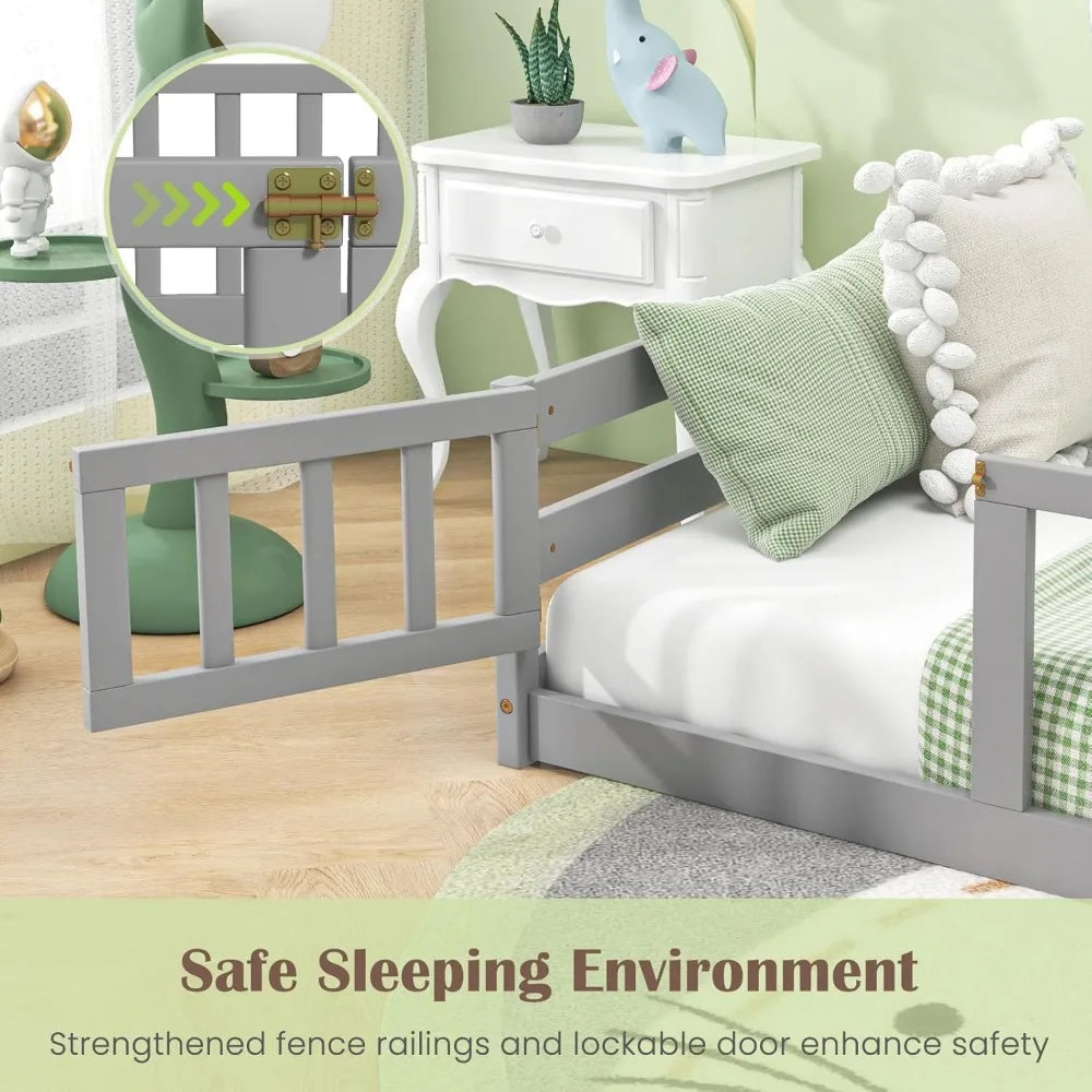 Giantex Twin Floor Bed with Door & Fence, Kids Wood Montessori Bed with Safety Guardrails, Floor Bed Frame for Kids, Boys, Girls