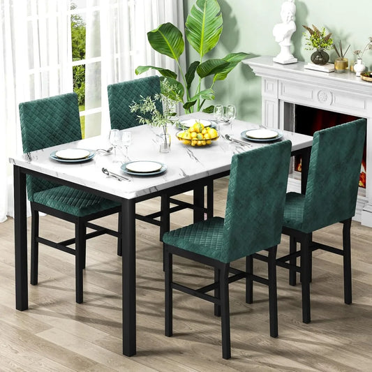 Dining Table and Chairs Set of 4, Faux Marble Dinner Table with 4 Upholstered Velvet Chairs, Kitchen Dining Room (White & Green