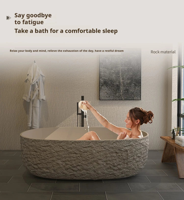 "Luxury Wabi Sabi Stone Texture Bathtub -Handmade One-Piece Artificial Rock Freestanding Tub, Artistic Bath for Home & B&B"