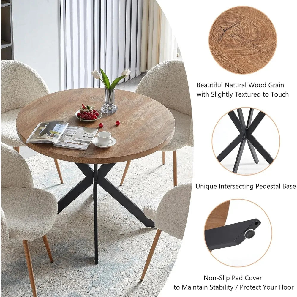 5 Pieces Dining Table Set for 4, 37-Inch Dia Round Home Kitchen Dinner Table with Thick Tabletop, 4 Seated Upholstered Arm Chair