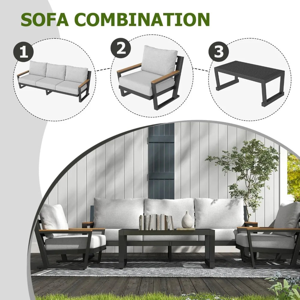 Aluminum Outdoor Furniture with Coffee Table,5 Seats Patio Furniture Set Sectional Waterproof Sofa with Conversation Set Table
