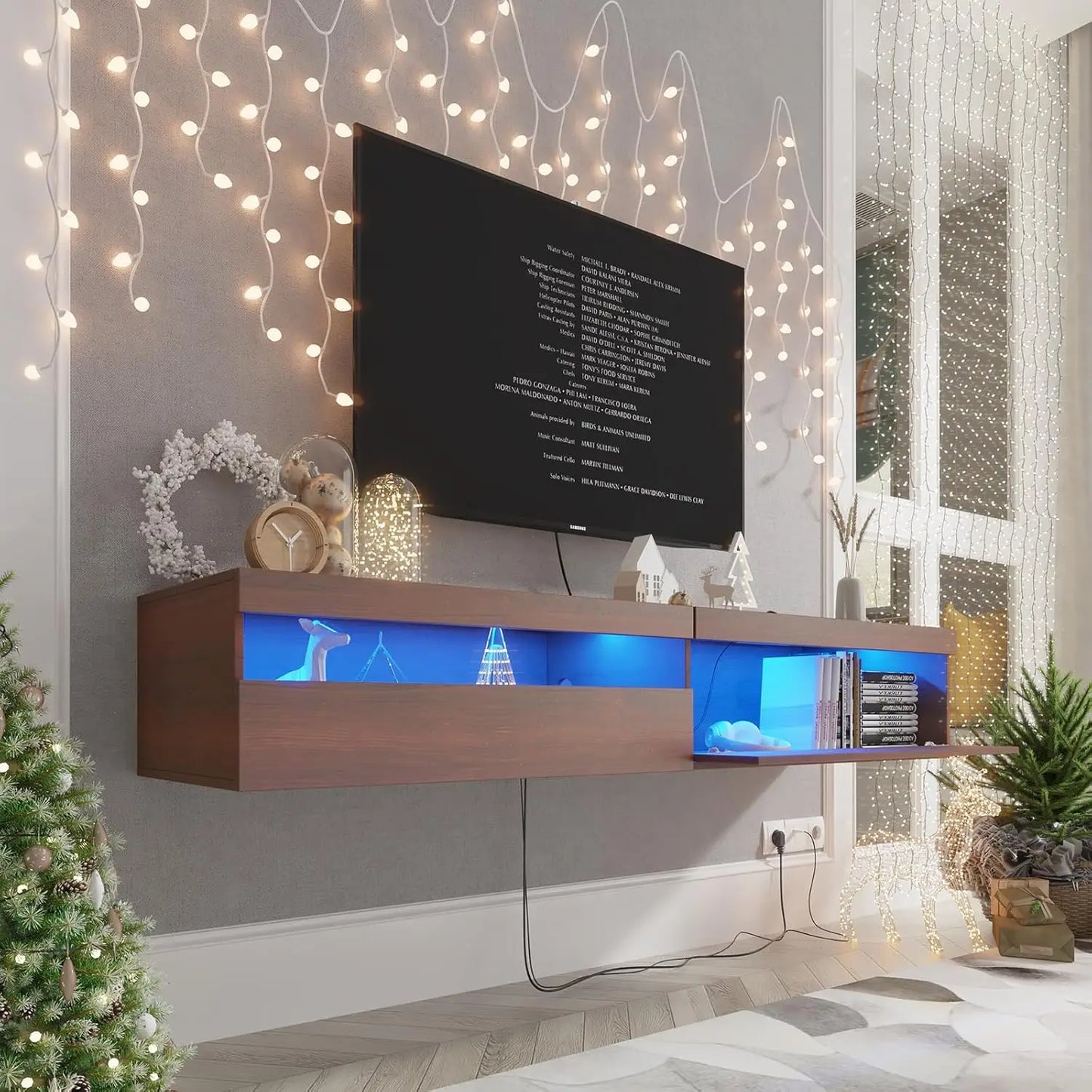 Floating Tv Stand With Led Lights, 71 Inch Wall Mounted Tv Shelf With Power Outlet, Modern Entertainment Center Media Console Wi