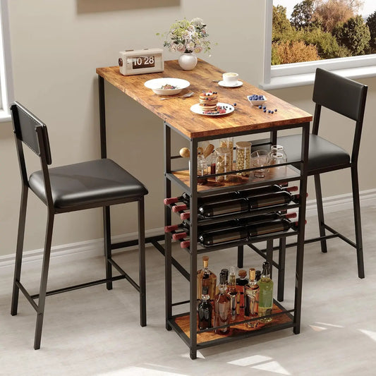 2-Person Counter Height Dining Set: Bistro Table Upholstered Chairs & Storage Shelf, Apartment Size Kitchen Table for Small
