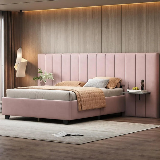 Luxury Bed Frame with Tall Headboard, Tall Upholstered Bed Frame Queen with Integrated Bedside Shelves, Modern Bed Frame & Soft