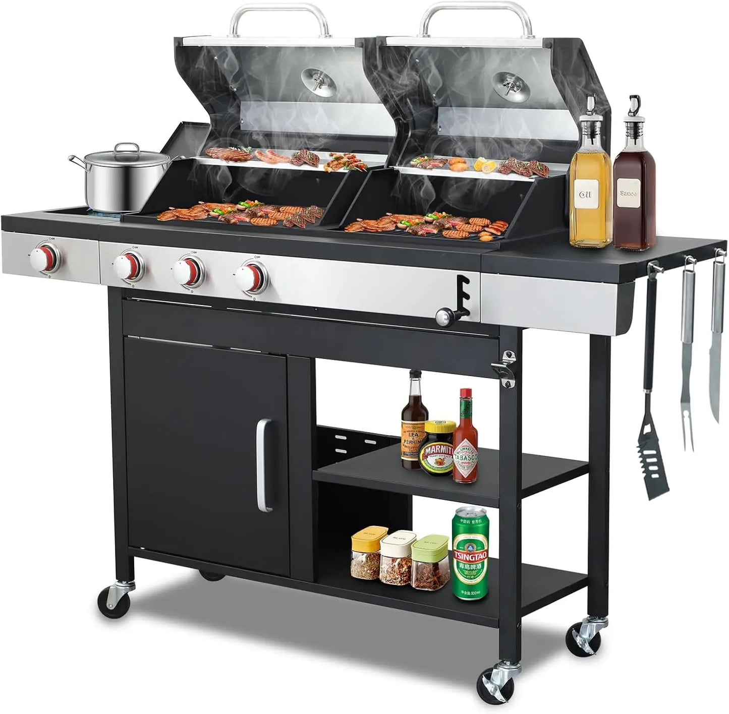 Gas and Charcoal Combo Grill with Side Burner, 37,230 BTU Outdoor BBQ Grill with Porcelain-Enameled