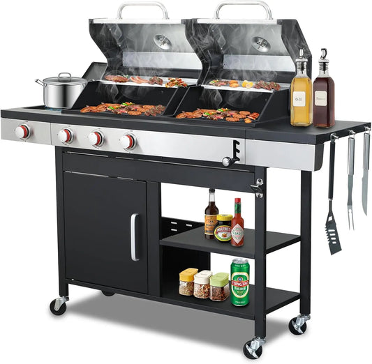 Gas and Charcoal Combo Grill with Side Burner, 37,230 BTU Outdoor BBQ Grill with Porcelain-Enameled