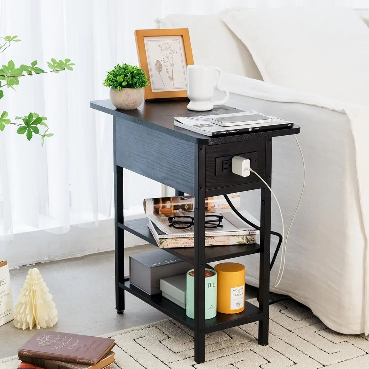 End Table w/Charging Station, Flip Top Side Table with USB Ports and Outlets, Narrow Nightstand with Storage Shelves,nightstands