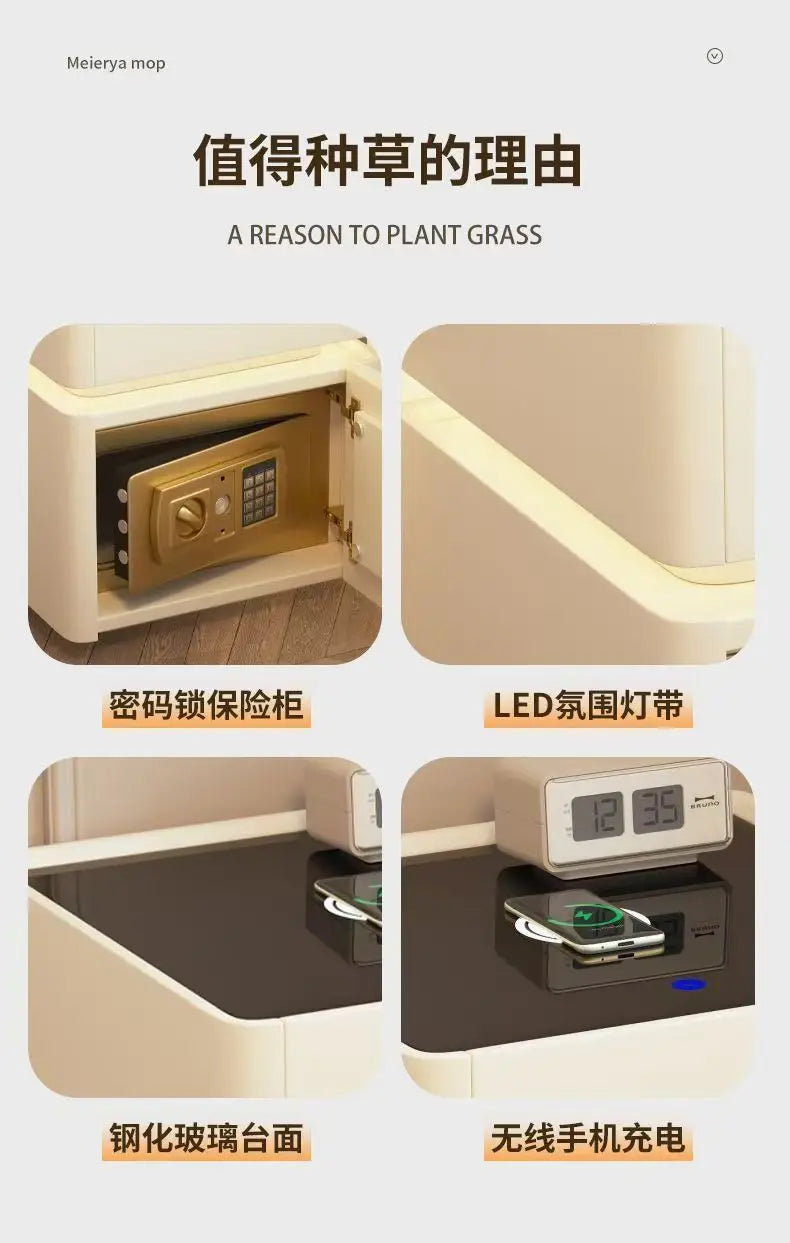 Smart Nightstand with LED Light Wireless Charging Safe or 2 Drawers – Modern Bedside Table Tempered Glass Top No Assembly