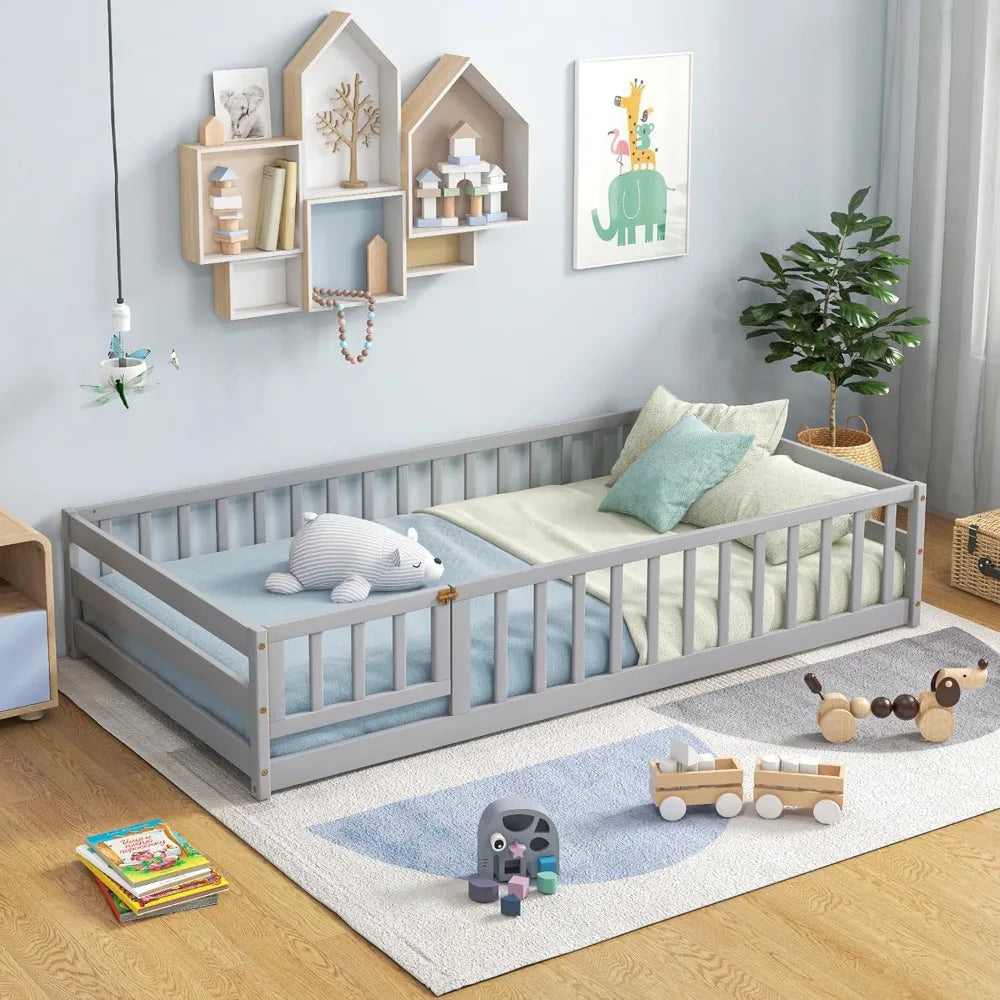 Giantex Twin Floor Bed with Door & Fence, Kids Wood Montessori Bed with Safety Guardrails, Floor Bed Frame for Kids, Boys, Girls