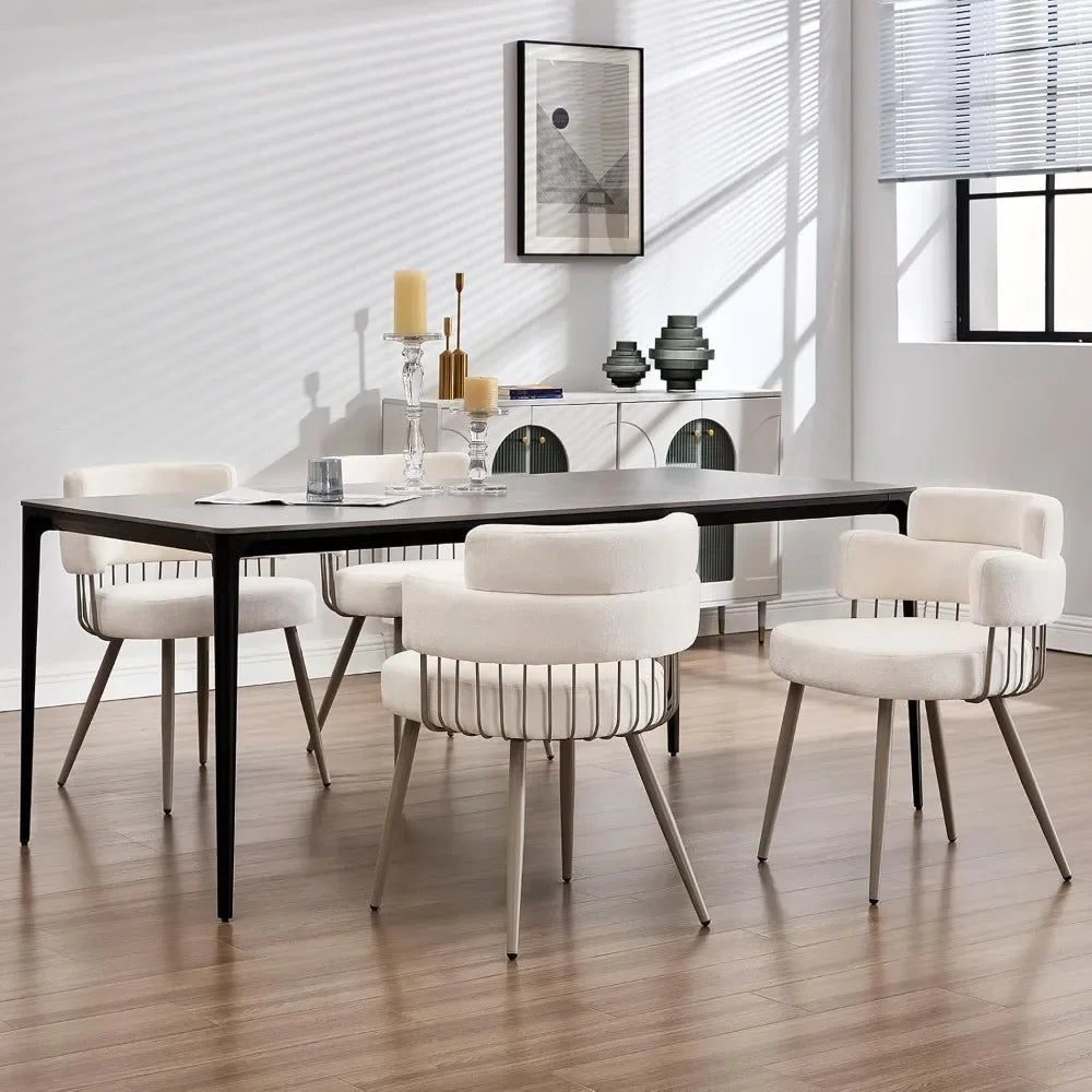 Dining Chairs Set of 4, Mid Century Upholstered Fabric Kitchen Chair w/Metal Legs, Comfy Curved Back Accent Arm Chair