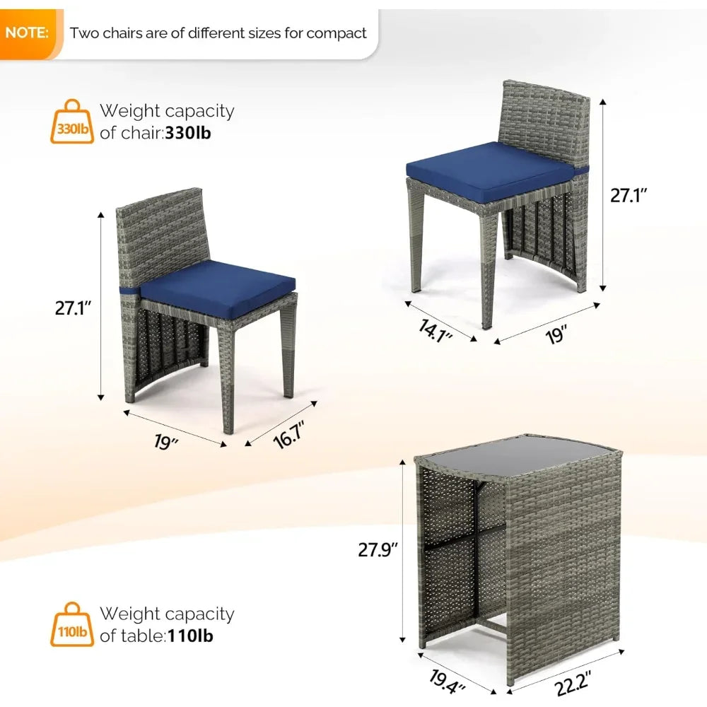 3 PCS Wicker Outdoor Patio Bistro Set, Patio Furniture Set for Small Space with Glass Top Table Dining Chairs