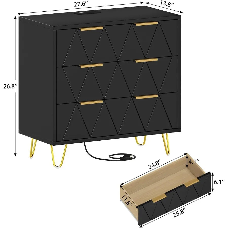 3 Drawer Wide Nightstand with Charging Station 27.6 Inch Wood Nightstand Black Dresser with Storage Drawers Bedside Table with