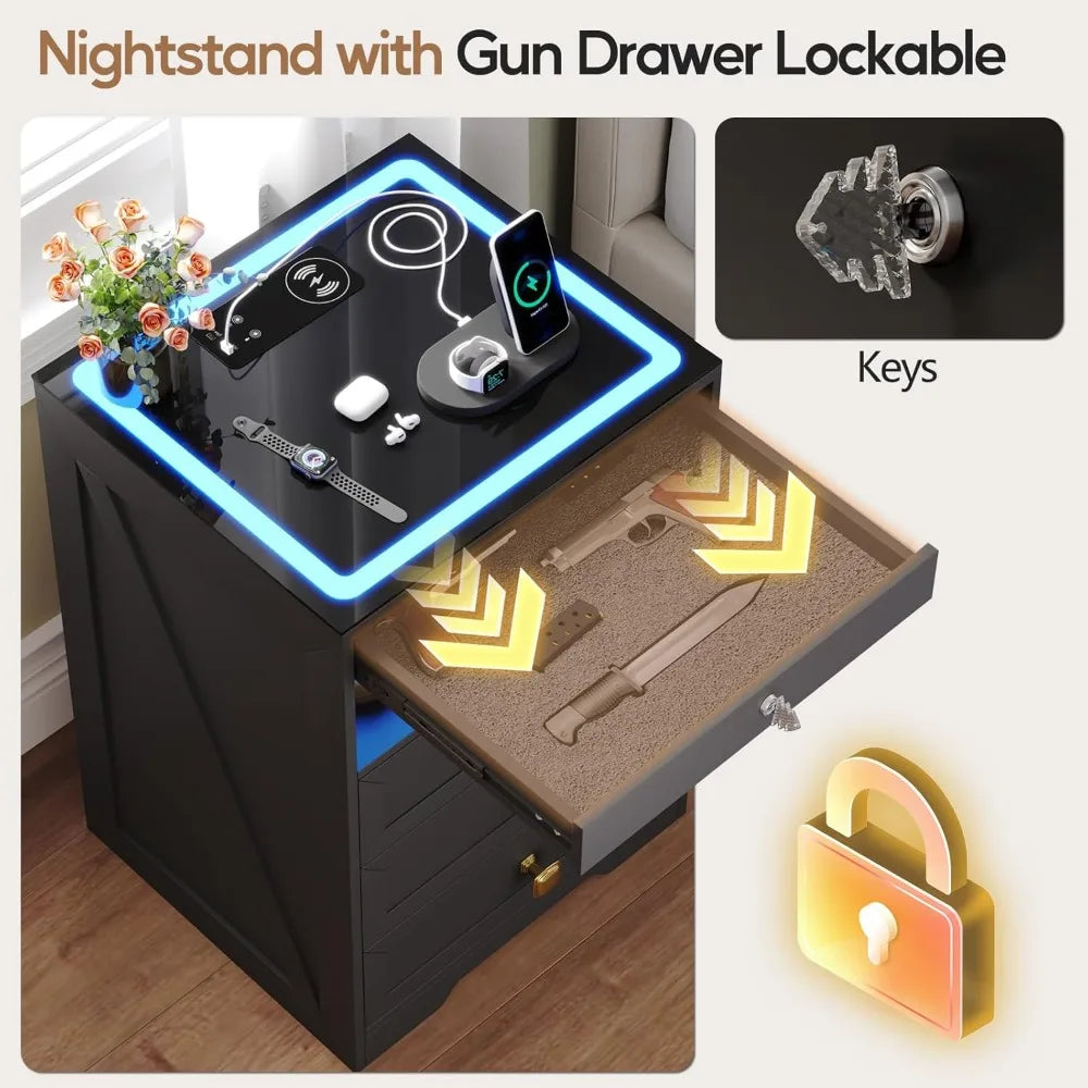 Smart Nightstand with Lockable Gun Drawer,Farmhouse Bedside Table with Charging Station and 3 LED Lights, Modern Night Stand
