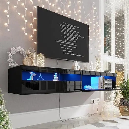 Floating Tv Stand With Led Lights, 71 Inch Wall Mounted Tv Shelf With Power Outlet, Modern Entertainment Center Media Console Wi