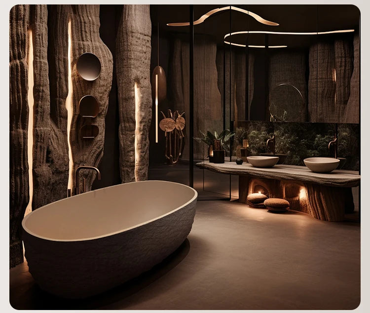 "Luxury Wabi Sabi Stone Texture Bathtub -Handmade One-Piece Artificial Rock Freestanding Tub, Artistic Bath for Home & B&B"