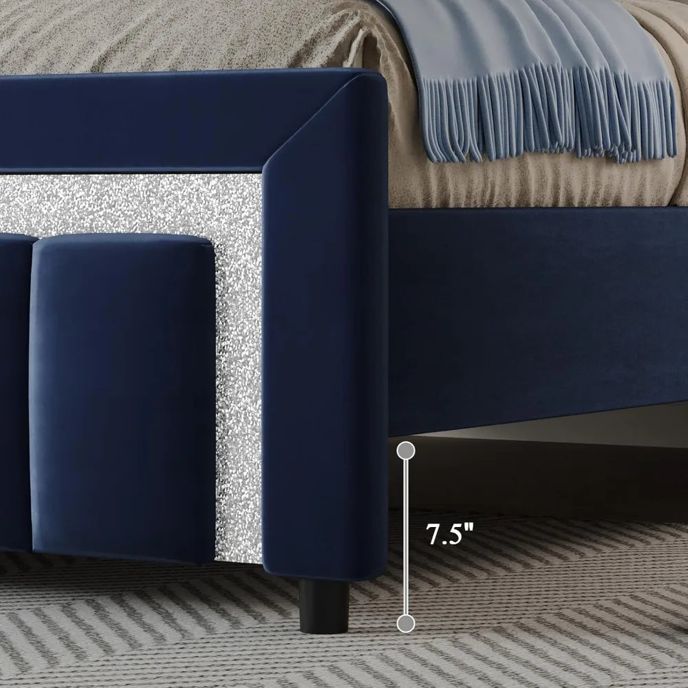 Queen Bed Frame with Headboard and Footboard and Footboard, Velvet Upholstered Platform Bed Frame with Diamond Design, No Box Sp