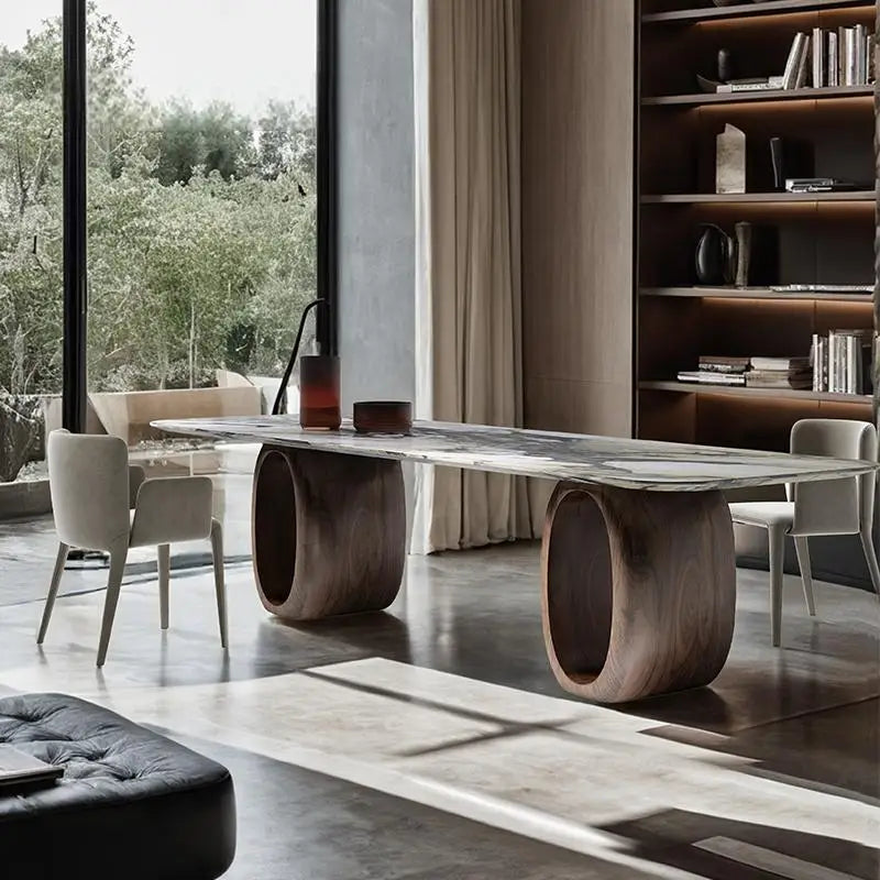 Luxury Natural Marble Dining Table, Rectangle Italian Modern Design with Walnut Wood, Customizable Designer Table for Villa