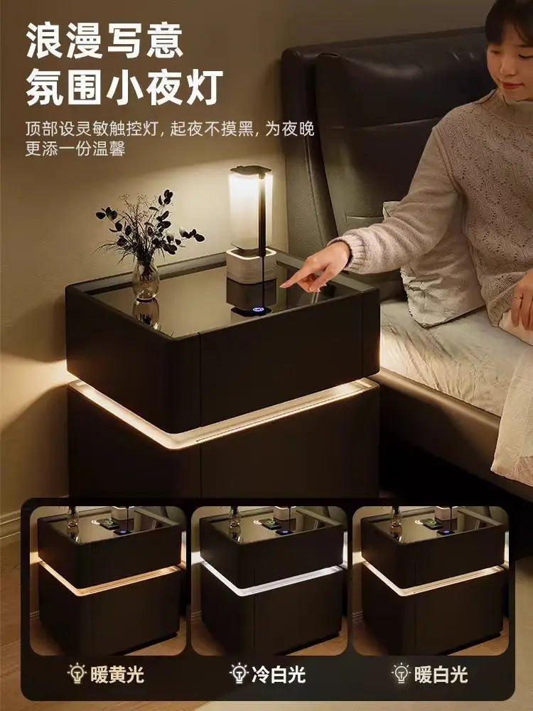 Smart Nightstand with LED Light Wireless Charging Safe or 2 Drawers – Modern Bedside Table Tempered Glass Top No Assembly