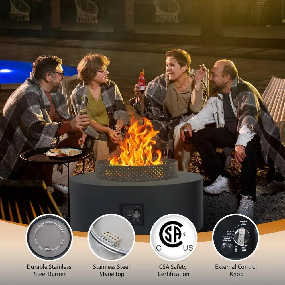 3-Piece Outdoor Fire Pit Table, 32 Inch Propane Fire Table 65,000 BTU Black Round Gas Firepit, Baking Sheet, Wind Guard and 16 i