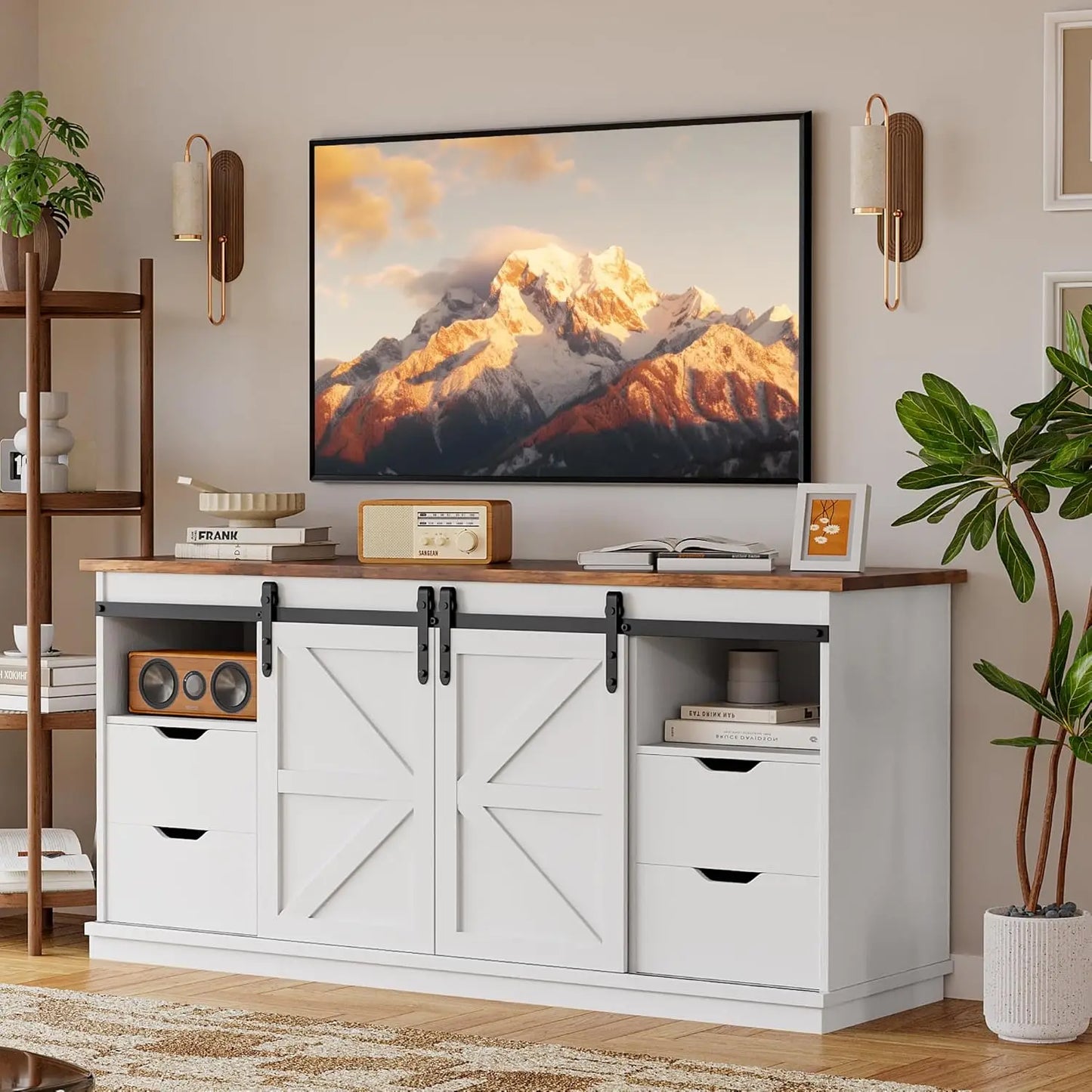 TV Stand for Televisions up to 65 Inchs, with Sliding Barn Doors and 4 Storage Drawers, Console Table and Media Furniture