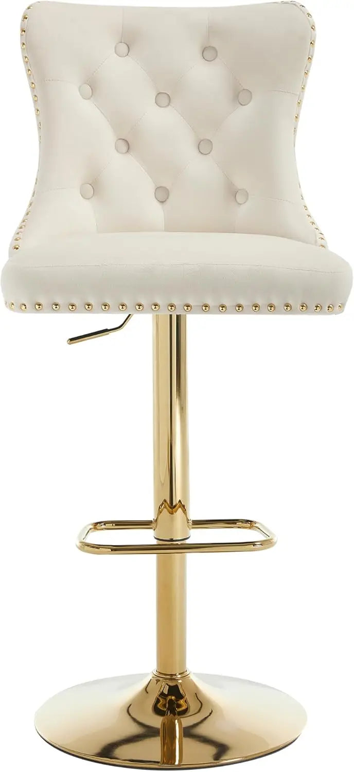 Gold Bar Stools Set of 6,  Velvet Tufted Barstools Upholstered Bar Height Chairs for Kitchen Island, Dining Room, Cafe, Cream