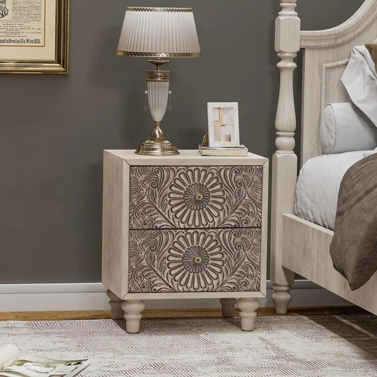 Nightstand, 14" D x 18" W x 21.5" H MDF End Table with 2 Drawers, Vintage Style Wood Bedside Table, Bedroom Accessories for Home