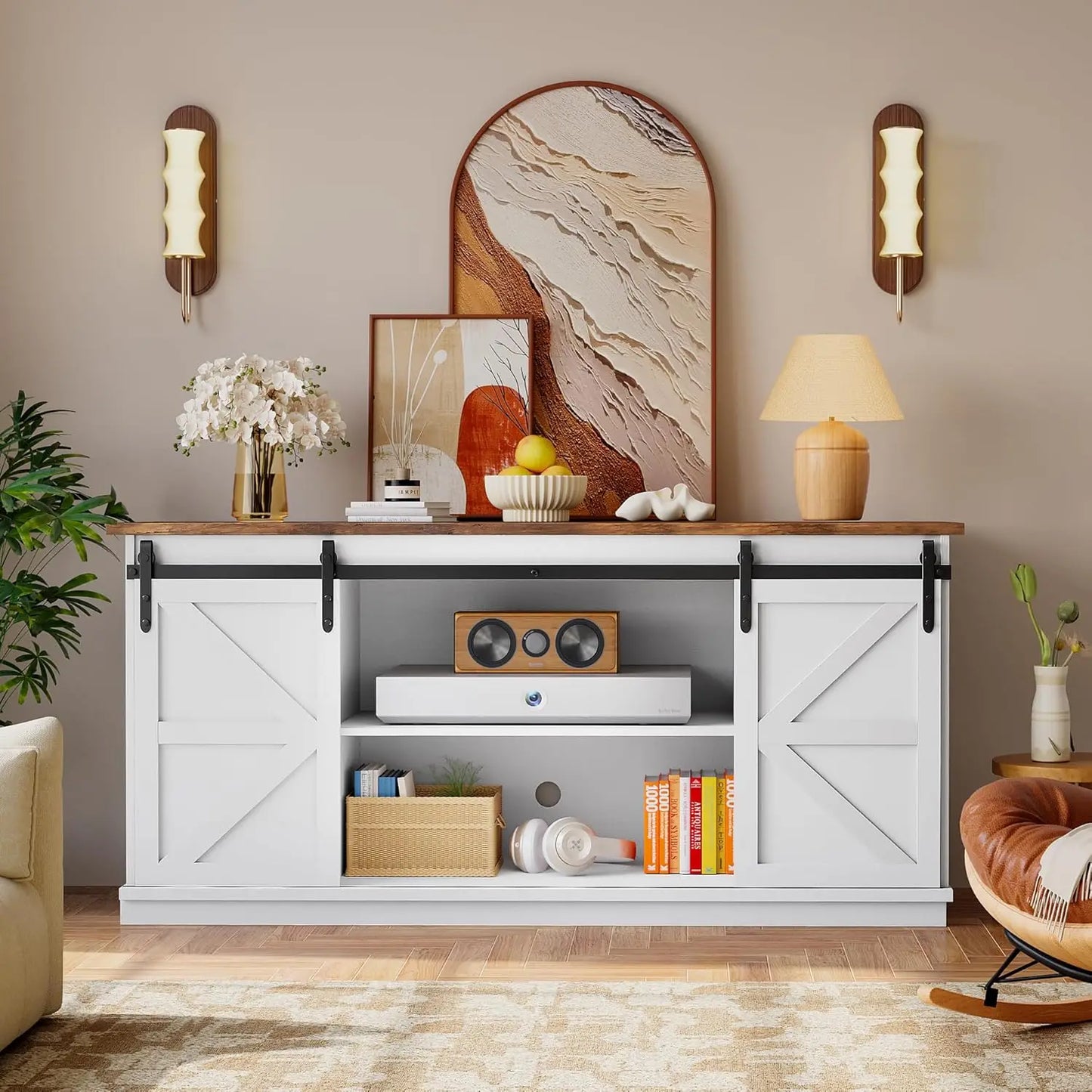 TV Stand for Televisions up to 65 Inchs, with Sliding Barn Doors and 4 Storage Drawers, Console Table and Media Furniture