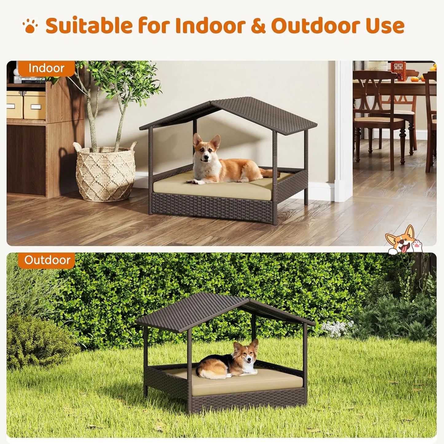 Wicker Dog House Outdoor Indoor with Canopy,Elevated Dog Shelter Dog Bed with Cushion for Small/Medium Dogs,Shade for Deck,Patio