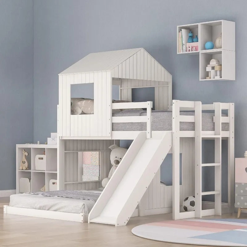 Merax Twin Over Full Bunk Bed Frames Loft Bed with Slide, House Roof, Window and Safety Guardrails for Boys or Girls, White