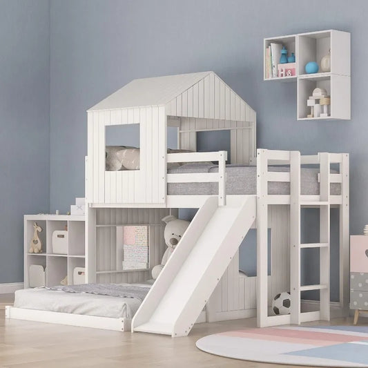 Merax Twin Over Full Bunk Bed Frames Loft Bed with Slide, House Roof, Window and Safety Guardrails for Boys or Girls, White