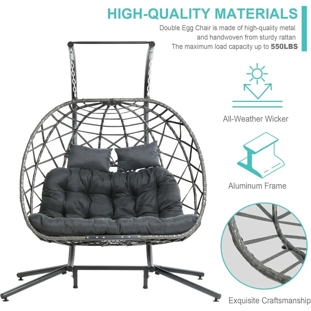 Double Egg Swing Chair with Stand, 2 Person Outdoor Indoor Hammock Hanging Chair with Cushion for Patio Living Room