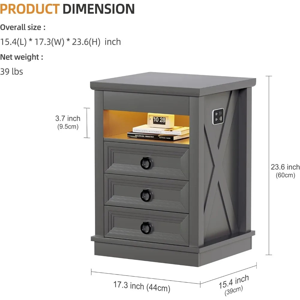 Lockable Gun Drawer Nightstand, 3-Color Dimmable LED End Table with Charging Port, Bedside Table with Human Sensor