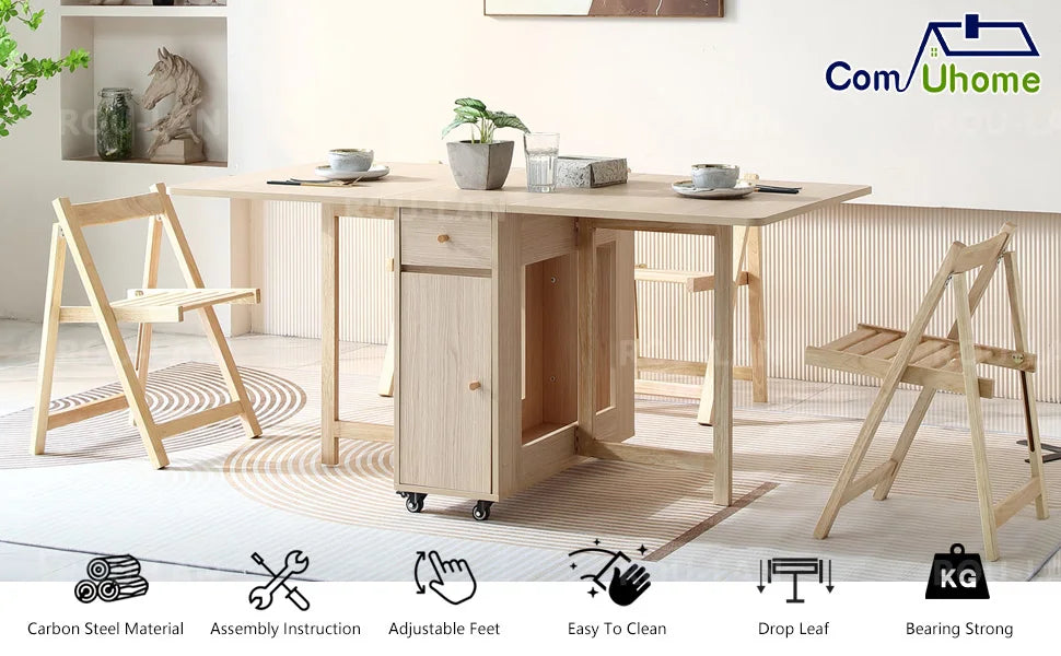 Folding Dining Table with 2 Drawers and 4 Wheels for Living Room,Kitchen, Farmhouse, Space Saving Table