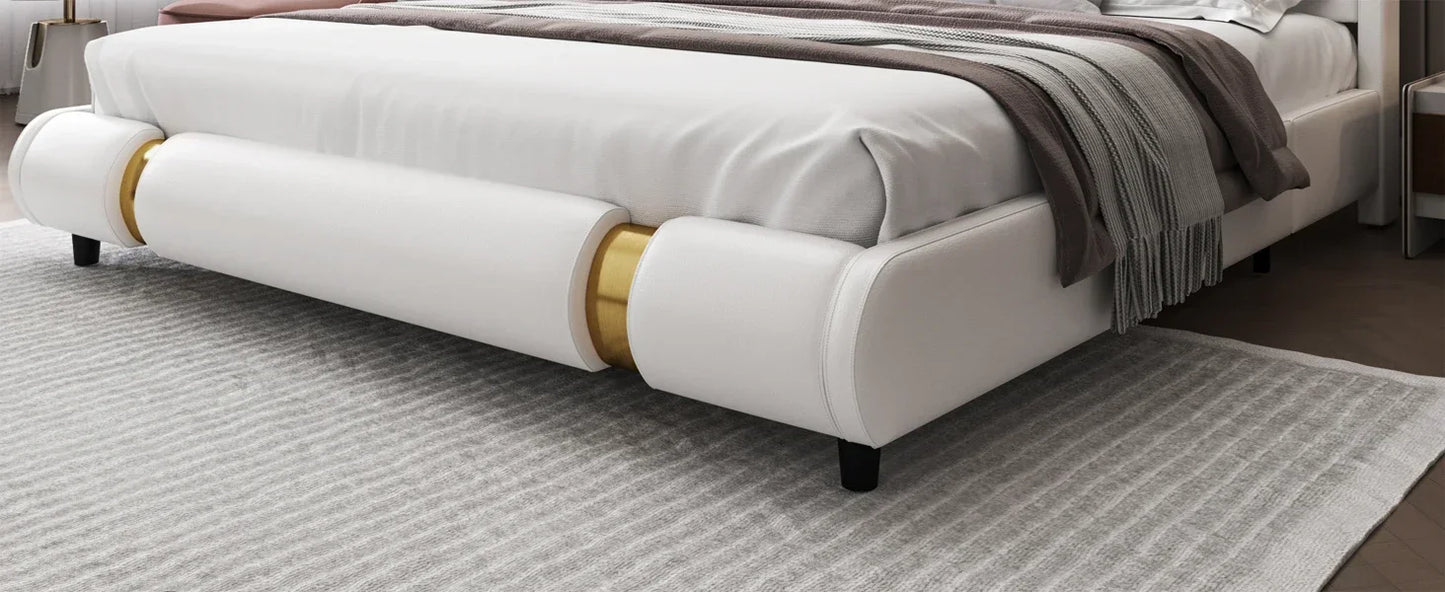 Modern Faux Leather Upholstered Platform Bed Frame with Golden Iron Metal Decor, No Box Spring Needed, Queen Size