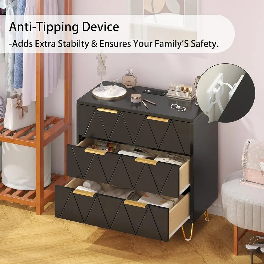 3 Drawer Wide Nightstand with Charging Station 27.6 Inch Wood Nightstand Black Dresser with Storage Drawers Bedside Table with