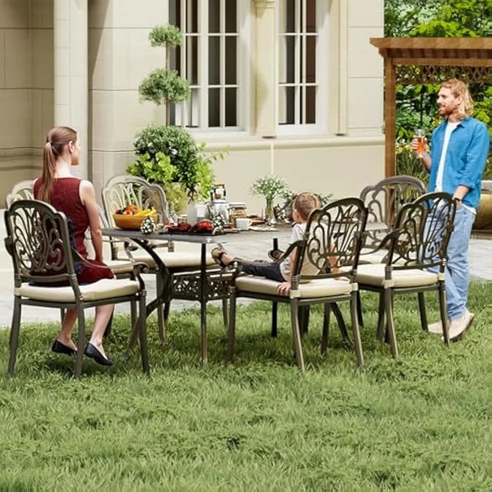 Outdoor Dining Set of 6, Retro Patio Dining Table Set with 6 Chairs, 59” Rectangular Table and Chair Set with Umbrella