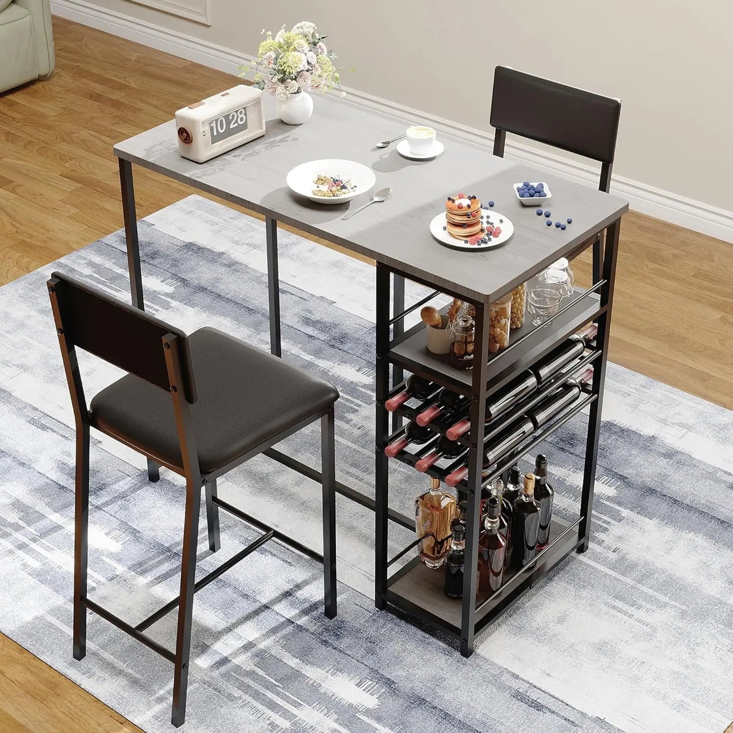 2-Person Counter Height Dining Set: Bistro Table Upholstered Chairs & Storage Shelf, Apartment Size Kitchen Table for Small