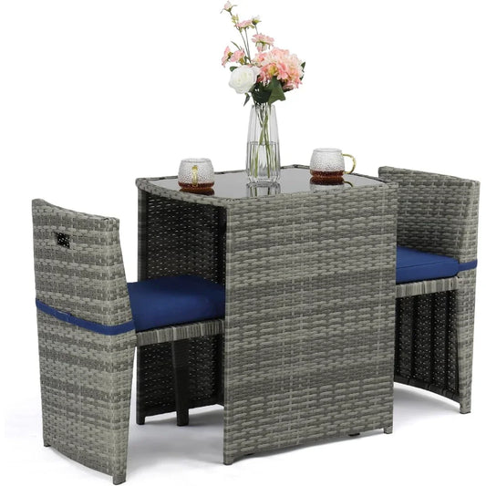 3 PCS Wicker Outdoor Patio Bistro Set, Patio Furniture Set for Small Space with Glass Top Table Dining Chairs
