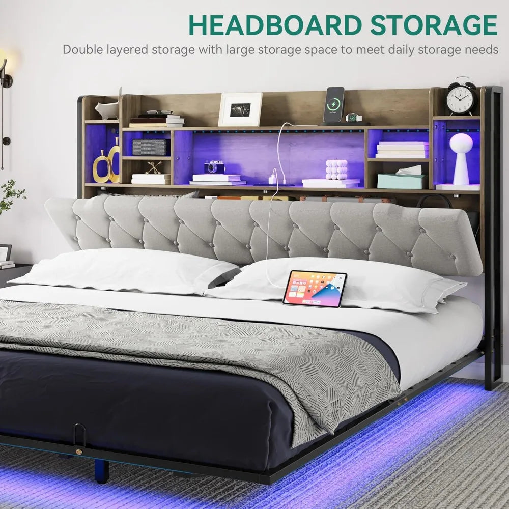 LED King Size Floating Bed Frame with Headboard Storage and Charging Station, Upholstered Platform, No Box Spring Needed