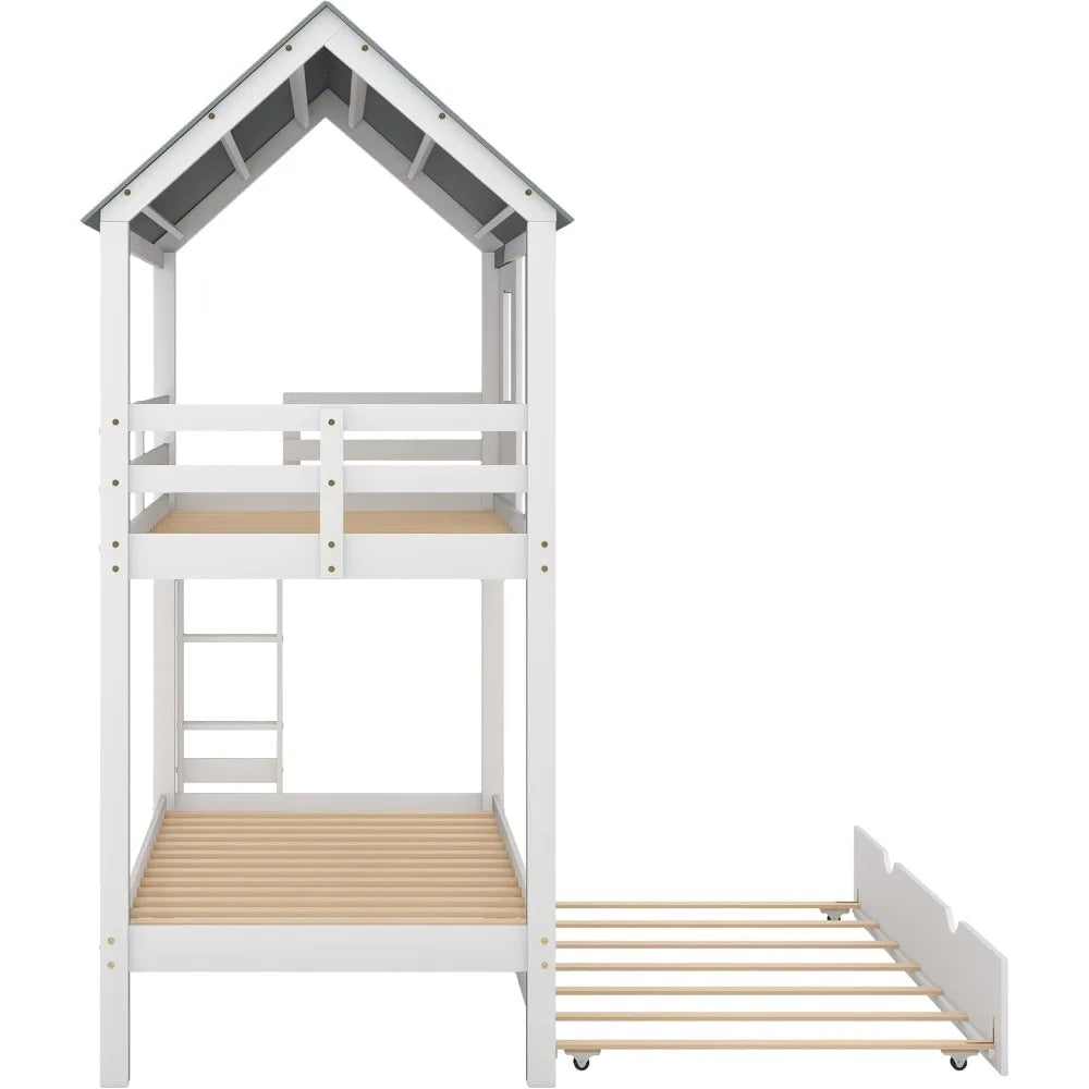 Designs House Bunk Bed for Kids, Twin Over Twin Bunk Bed with Trundle, Kids Playhouse Bunk Beds for Girls & Boys No Box Spring