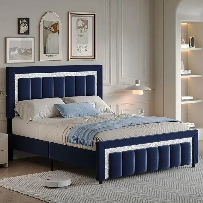 Queen Bed Frame with Headboard and Footboard and Footboard, Velvet Upholstered Platform Bed Frame with Diamond Design, No Box Sp