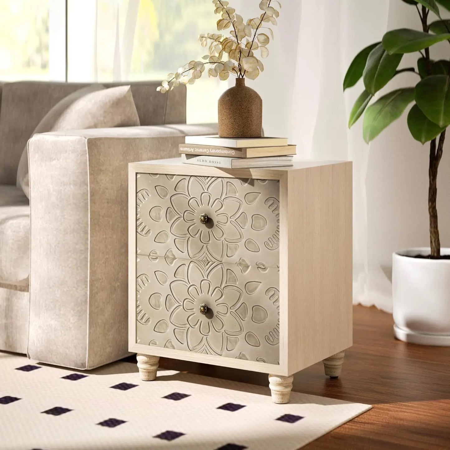 Nightstand, 14" D x 18" W x 21.5" H MDF End Table with 2 Drawers, Vintage Style Wood Bedside Table, Bedroom Accessories for Home