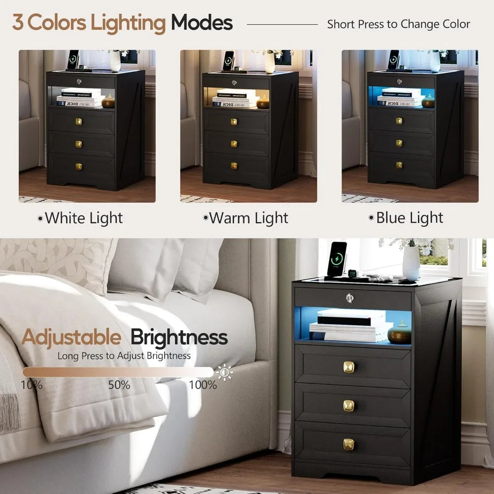 Smart Nightstand with Lockable Gun Drawer,Farmhouse Bedside Table with Charging Station and 3 LED Lights, Modern Night Stand