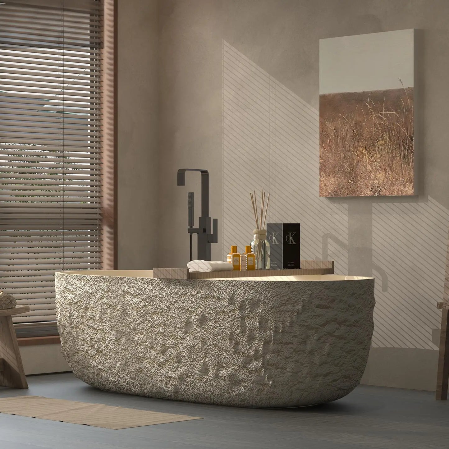 "Luxury Wabi Sabi Stone Texture Bathtub -Handmade One-Piece Artificial Rock Freestanding Tub, Artistic Bath for Home & B&B"