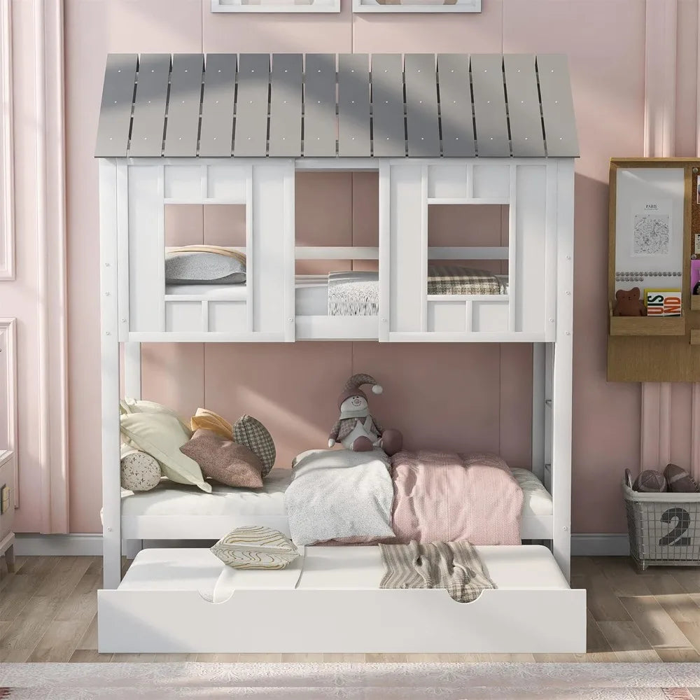 Designs House Bunk Bed for Kids, Twin Over Twin Bunk Bed with Trundle, Kids Playhouse Bunk Beds for Girls & Boys No Box Spring