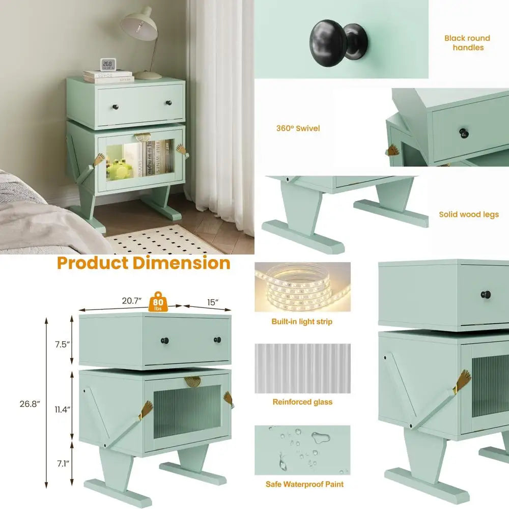 luxury royalcraft nightstand with led lighting, green rotating drawer end table, contemporary storage side table in wood