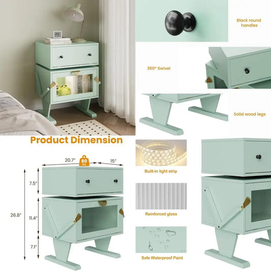 luxury royalcraft nightstand with led lighting, green rotating drawer end table, contemporary storage side table in wood